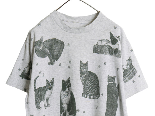 90s rel e vant products ネコ イラスト オールオーバー プリント 半袖 Tシャツ メンズ レディース L 程 オールド アート アニマル 総柄 灰