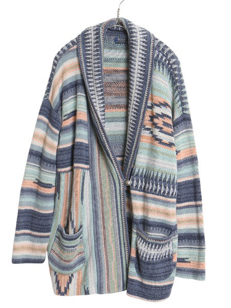 ポロ ラルフローレン ショールカラー ネイティブ ニット ガウン メンズ レディース XL 古着 カーディガン 総柄 羽織り ローブ 大きいサイズ