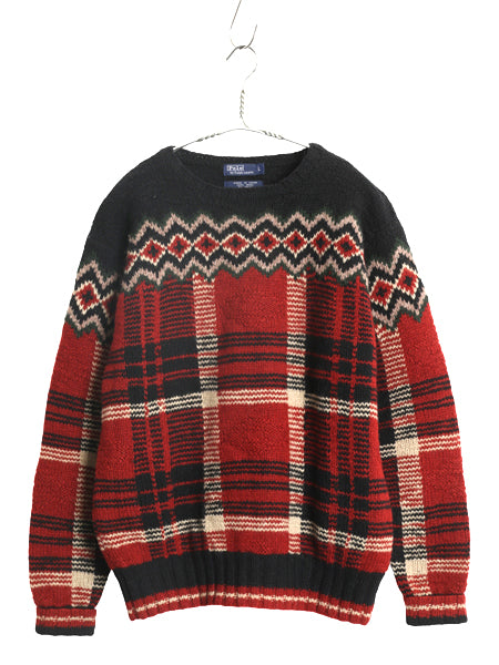 90s ★ ポロ ラルフローレン ウール ニット セーター メンズ S 程/ オールド タータン チェック フェアアイル ノルディック マルチカラー