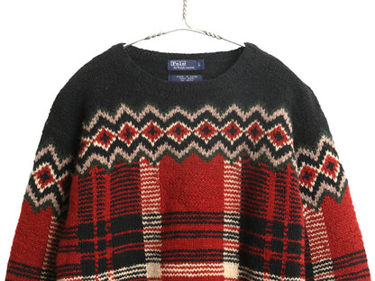 90s ★ ポロ ラルフローレン ウール ニット セーター メンズ S 程/ オールド タータン チェック フェアアイル ノルディック マルチカラー
