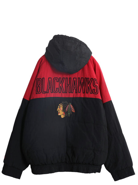 90s ブラックホークス フード 付き 中綿 ナイロン ジャケット メンズ XL / オールド NHL オフィシャル プロプレイヤー スタジャン パーカー