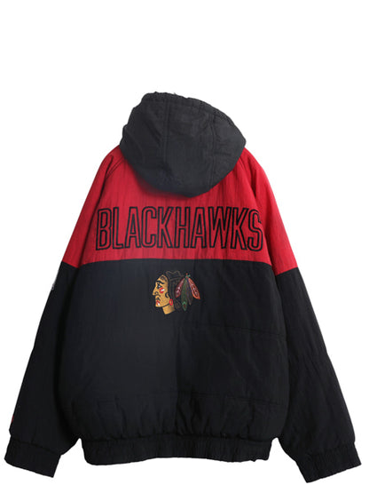 90s ブラックホークス フード 付き 中綿 ナイロン ジャケット メンズ XL / オールド NHL オフィシャル プロプレイヤー スタジャン パーカー