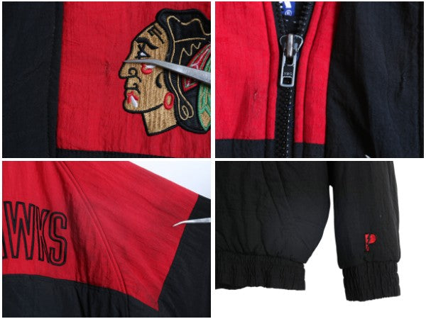 90s ブラックホークス フード 付き 中綿 ナイロン ジャケット メンズ XL / オールド NHL オフィシャル プロプレイヤー スタジャン パーカー