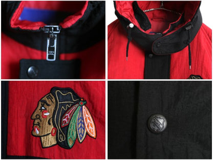 90s ブラックホークス フード 付き 中綿 ナイロン ジャケット メンズ XL / オールド NHL オフィシャル プロプレイヤー スタジャン パーカー