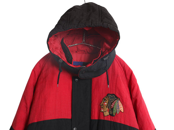 90s ブラックホークス フード 付き 中綿 ナイロン ジャケット メンズ XL / オールド NHL オフィシャル プロプレイヤー スタジャン パーカー