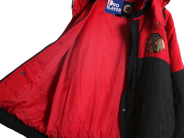 90s ブラックホークス フード 付き 中綿 ナイロン ジャケット メンズ XL / オールド NHL オフィシャル プロプレイヤー スタジャン パーカー
