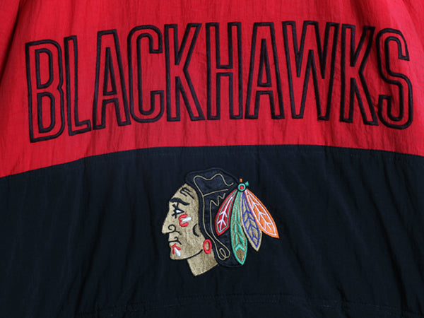 90s ブラックホークス フード 付き 中綿 ナイロン ジャケット メンズ XL / オールド NHL オフィシャル プロプレイヤー スタジャン パーカー