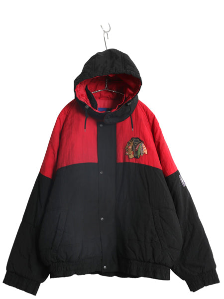 90s ブラックホークス フード 付き 中綿 ナイロン ジャケット メンズ XL / オールド NHL オフィシャル プロプレイヤー スタジャン パーカー