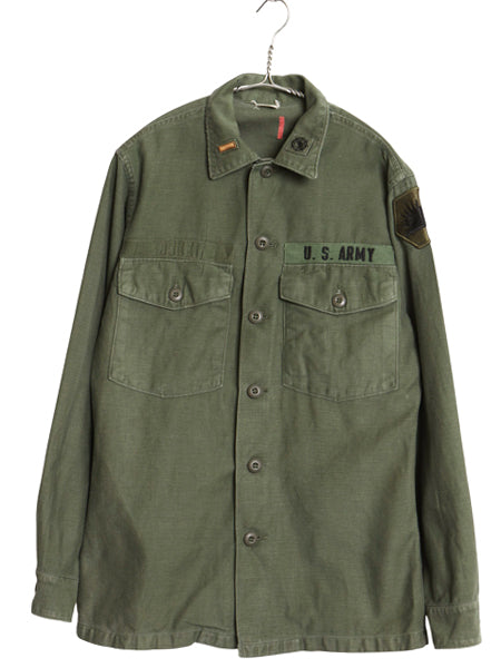 70s 米軍実物 US ARMY コットン サテン ユーティリティ シャツ M / ヴィンテージ 70年製 OG107 シャツ袖 2nd 3rd ミリタリー 軍物 ワッペン