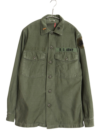 70s 米軍実物 US ARMY コットン サテン ユーティリティ シャツ M / ヴィンテージ 70年製 OG107 シャツ袖 2nd 3rd ミリタリー 軍物 ワッペン