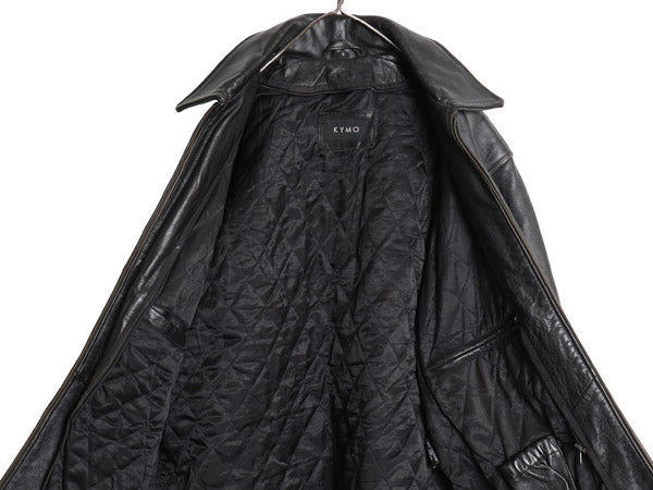 00s KYMO 本革 レザー スポーツ ジャケット メンズ S オールド 革ジャン オールレザー シングル ライダース スイングトップ ジャンパー 黒