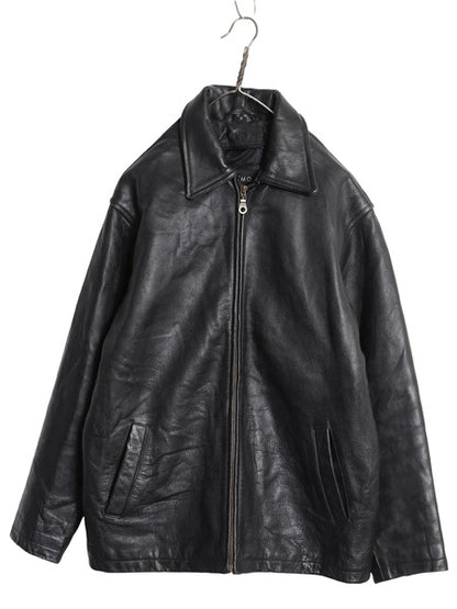 00s KYMO 本革 レザー スポーツ ジャケット メンズ S オールド 革ジャン オールレザー シングル ライダース スイングトップ ジャンパー 黒