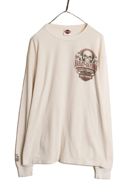 USA製 ハーレー ダビットソン 3面 プリント 長袖 サーマル Tシャツ メンズ L 古着 オフィシャル ロンT スカル イラスト バイク カットソー