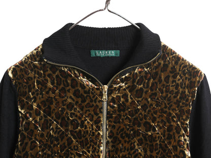 ローレン ラルフローレン フルジップ ヒョウ柄 切替 ニット セーター ジャケット レディース L 程 ウール レーヨン シルク ベロア ブラック