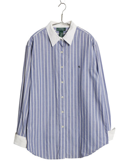 90s ローレン ラルフローレン ストライプ クレリック シャツ レディース XL オールド コットン ブラウス ダブルカフス ドレス 大きいサイズ