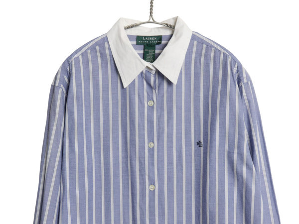 90s ローレン ラルフローレン ストライプ クレリック シャツ レディース XL オールド コットン ブラウス ダブルカフス ドレス 大きいサイズ
