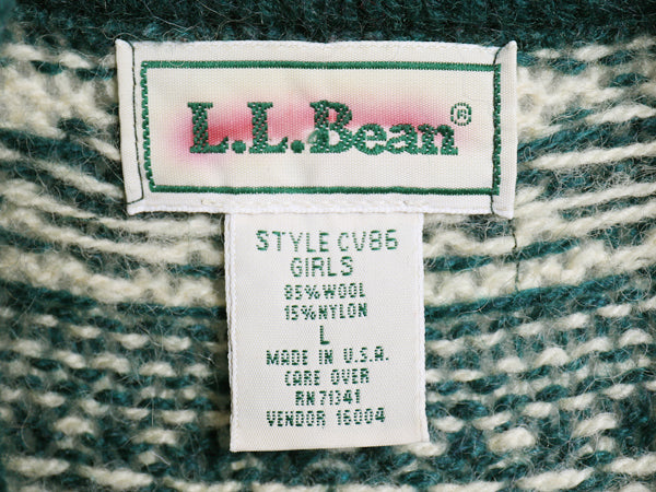 90s USA製 エルエルビーン ノルディック ニット カーディガン レディース L 古着 オールド ウール セーター バーズアイ 総柄 羽織り 前開き