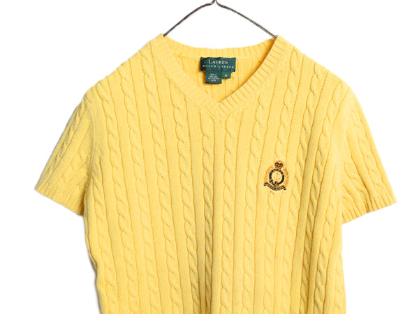 90s ローレン ラルフローレン Vネック コットン ケーブル 半袖 ニット セーター レディース M / 古着 オールド ポロ ワンポイント きれいめ