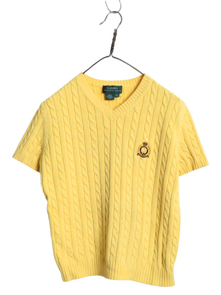 90s ローレン ラルフローレン Vネック コットン ケーブル 半袖 ニット セーター レディース M / 古着 オールド ポロ ワンポイント きれいめ