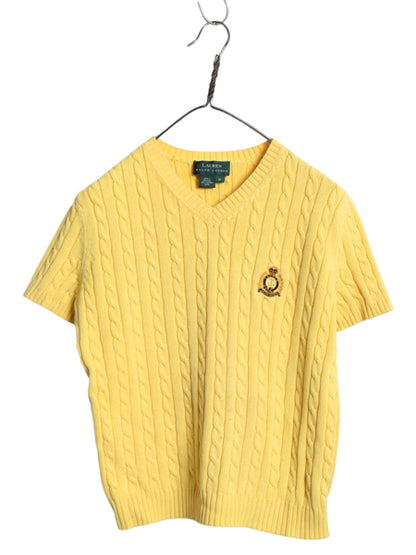 90s ローレン ラルフローレン Vネック コットン ケーブル 半袖 ニット セーター レディース M / 古着 オールド ポロ ワンポイント きれいめ