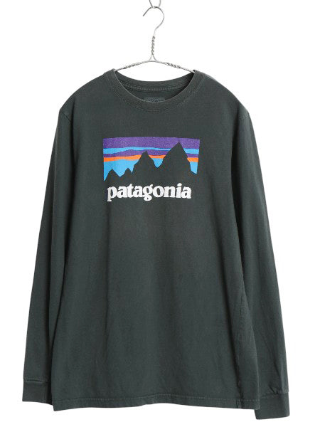パタゴニア プリント 長袖 Tシャツ メンズ S 古着 17年製 アウトドア ロンT ロングスリーブ P-6 グラフィック ステッカー ロゴT グリーン