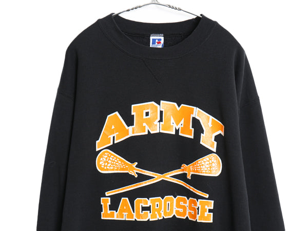 90s USA製 ラッセル US ARMY 3段 プリント スウェット メンズ XXL 古着 オールド トレーナー 裏起毛 前V 大きいサイズ ミリタリー ブラック
