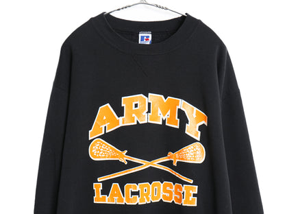 90s USA製 ラッセル US ARMY 3段 プリント スウェット メンズ XXL 古着 オールド トレーナー 裏起毛 前V 大きいサイズ ミリタリー ブラック