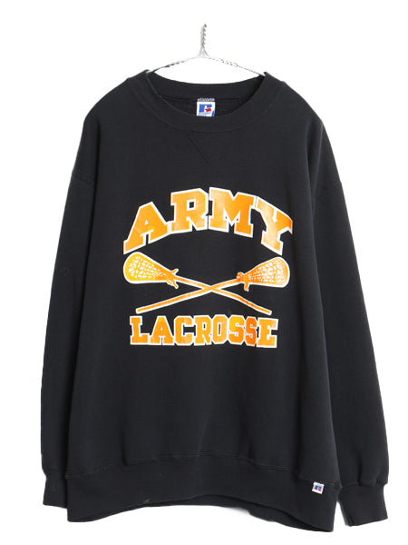 90s USA製 ラッセル US ARMY 3段 プリント スウェット メンズ XXL 古着 オールド トレーナー 裏起毛 前V 大きいサイズ ミリタリー ブラック