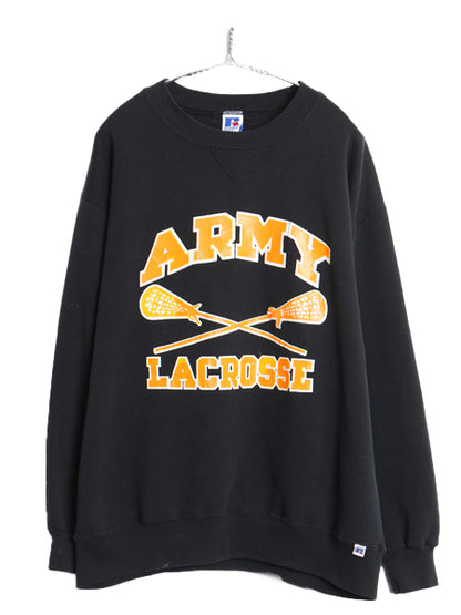 90s USA製 ラッセル US ARMY 3段 プリント スウェット メンズ XXL 古着 オールド トレーナー 裏起毛 前V 大きいサイズ ミリタリー ブラック
