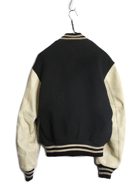 60s 70s USA製 ★ バトウィン 袖 本革 レザー ウール スタジャン メンズ L ヴィンテージ アワード ジャケット ブルゾン モノトーン 無地 黒