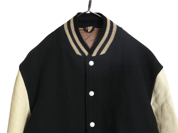 60s 70s USA製 ★ バトウィン 袖 本革 レザー ウール スタジャン メンズ L ヴィンテージ アワード ジャケット ブルゾン モノトーン 無地 黒