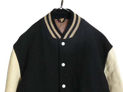 60s 70s USA製 ★ バトウィン 袖 本革 レザー ウール スタジャン メンズ L ヴィンテージ アワード ジャケット ブルゾン モノトーン 無地 黒