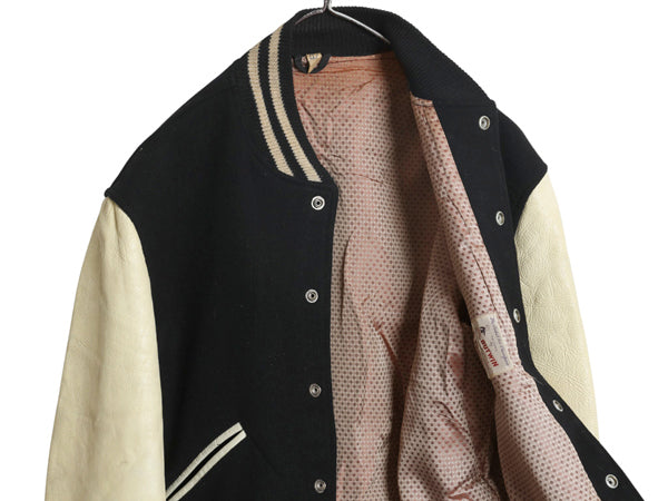 60s 70s USA製 ★ バトウィン 袖 本革 レザー ウール スタジャン メンズ L ヴィンテージ アワード ジャケット ブルゾン モノトーン 無地 黒