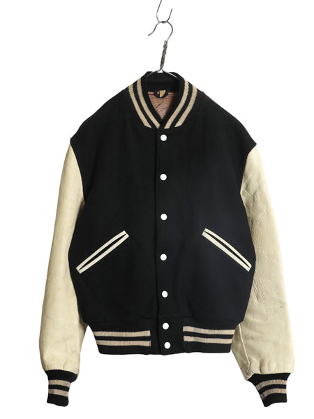 60s 70s USA製 ★ バトウィン 袖 本革 レザー ウール スタジャン メンズ L ヴィンテージ アワード ジャケット ブルゾン モノトーン 無地 黒