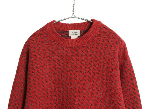 エルエルビーン バーズアイ ニット セーター メンズ M アウトドア ラム ウール ノルディック 総柄 ツートン クルーネック シンプル レッド