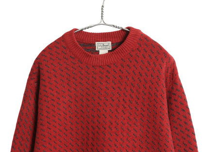エルエルビーン バーズアイ ニット セーター メンズ M アウトドア ラム ウール ノルディック 総柄 ツートン クルーネック シンプル レッド