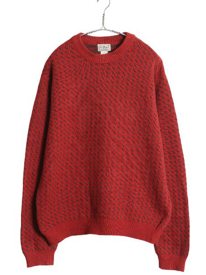 エルエルビーン バーズアイ ニット セーター メンズ M アウトドア ラム ウール ノルディック 総柄 ツートン クルーネック シンプル レッド