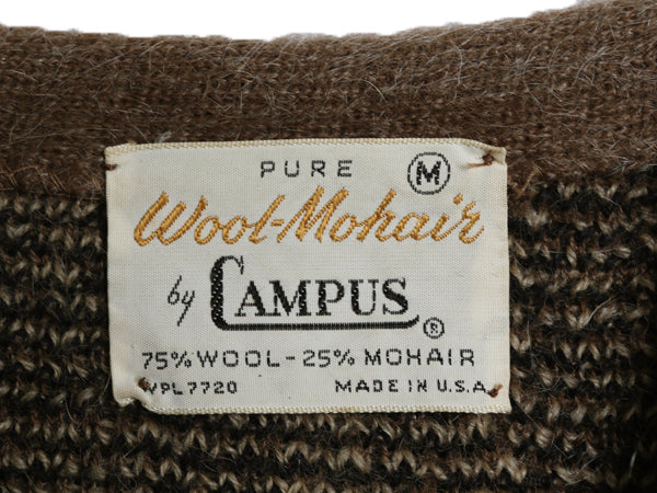 60's USA製 美品 ★ キャンパス Vネック モヘア ニット セーター メンズ M ヴィンテージ チェック プルオーバー ウール 毛足 毛長 シャギー