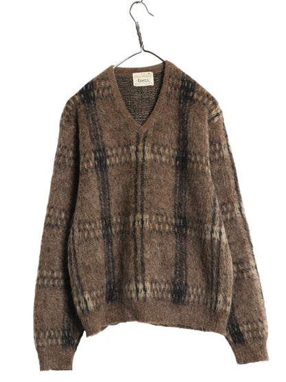 60's USA製 美品 ★ キャンパス Vネック モヘア ニット セーター メンズ M ヴィンテージ チェック プルオーバー ウール 毛足 毛長 シャギー