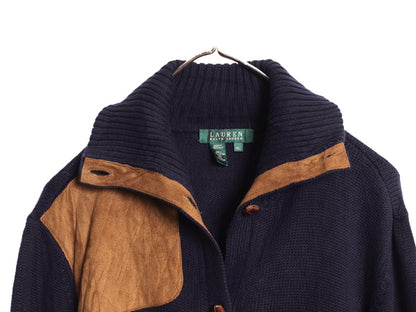 90s ローレン ラルフローレン ニット カーディガン レディース XL オールド コットン ハイネック ハンティング セーター 大きいサイズ 濃紺