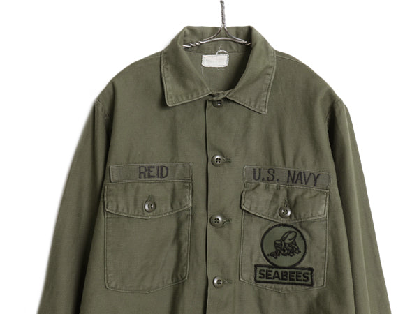 70s 米軍実物 US NAVY コットン サテン ユーティリティ シャツ M 75年製 ヴィンテージ USN OG107 シャツ袖 3rd 4th 軍物 ミリタリー カーキ