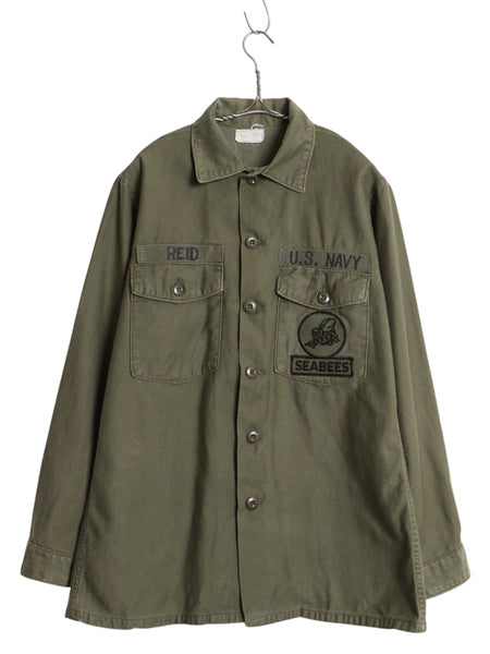 70s 米軍実物 US NAVY コットン サテン ユーティリティ シャツ M 75年製 ヴィンテージ USN OG107 シャツ袖 3rd 4th 軍物 ミリタリー カーキ