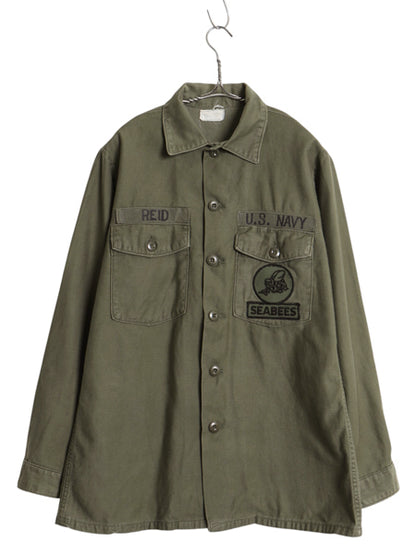 70s 米軍実物 US NAVY コットン サテン ユーティリティ シャツ M 75年製 ヴィンテージ USN OG107 シャツ袖 3rd 4th 軍物 ミリタリー カーキ