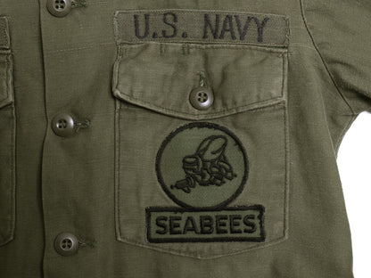 70s 米軍実物 US NAVY コットン サテン ユーティリティ シャツ M 75年製 ヴィンテージ USN OG107 シャツ袖 3rd 4th 軍物 ミリタリー カーキ