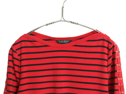 ローレン ラルフローレン ボートネック ボーダー 7分袖 Tシャツ レディース L / カットソー コットン ストレッチ ショルダー レースアップ