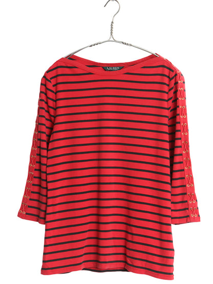 ローレン ラルフローレン ボートネック ボーダー 7分袖 Tシャツ レディース L / カットソー コットン ストレッチ ショルダー レースアップ