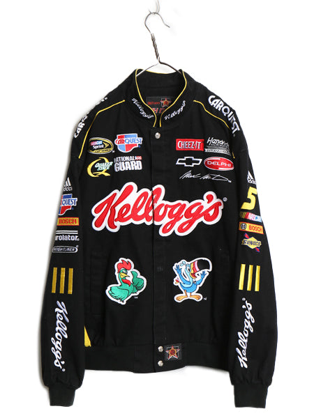 00s ジェフハミルトン コットン レーシング ジャケット メンズ L 古着 オールド NASCAR ケロッグ アディダス 企業 当時物 キャラクター 黒